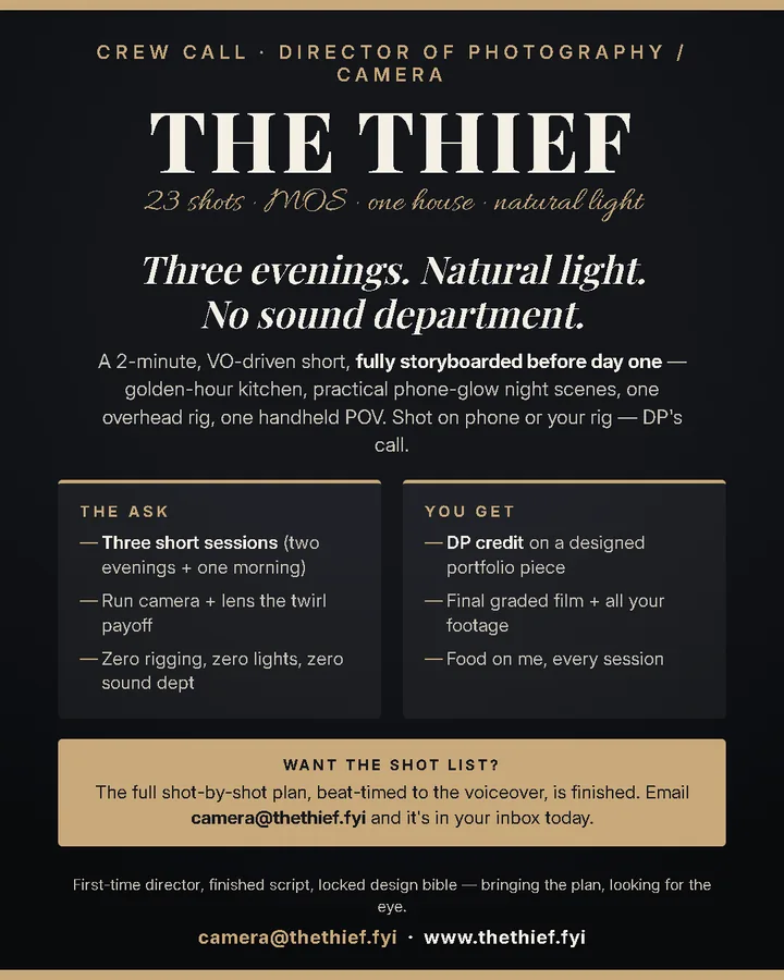 Crew call flyer — director of photography. Three evenings, natural light, no sound department.
