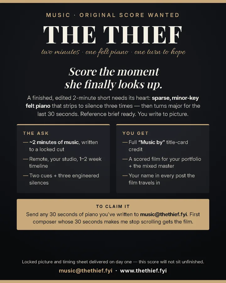 Music flyer — original score wanted. Score the moment she finally looks up.