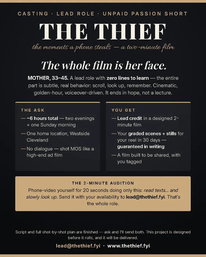 Casting flyer for the lead role — Mother, 33 to 45. The whole film is her face.