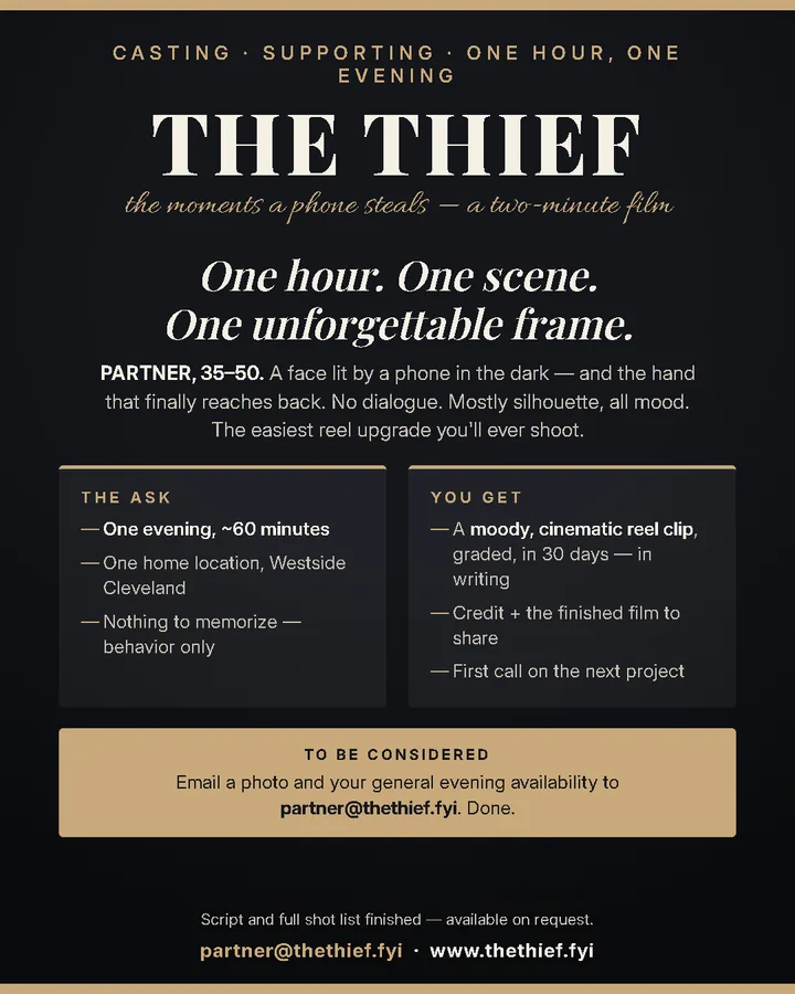Casting flyer for the partner role — one hour, one scene, one unforgettable frame.